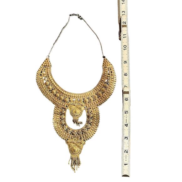 Jewelry Statement Set Necklace Drop Earrings Ring Adjustable Gold Tone - Picture 2 of 15